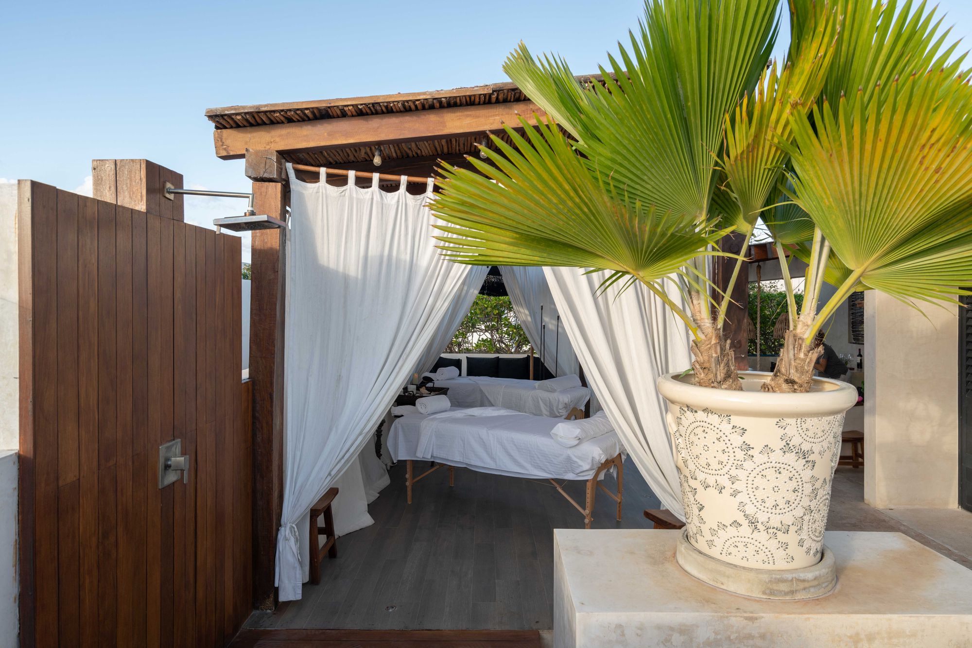 Entrada del spa con palmera y regadera exterior